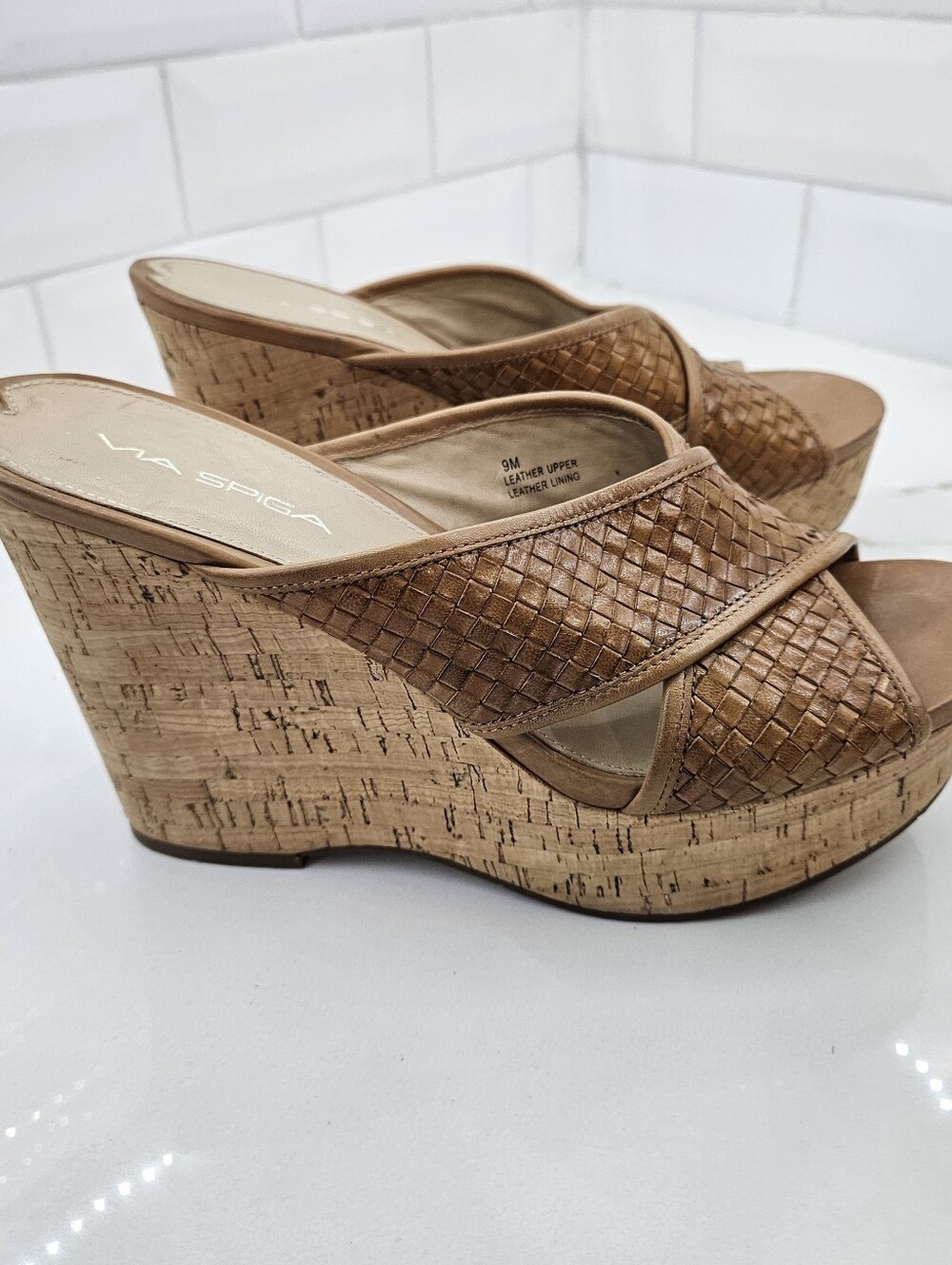 Via Spiga Elle Tan Natural Woven Leather Platform Wedge Sandal Cork Base Sz 9M
